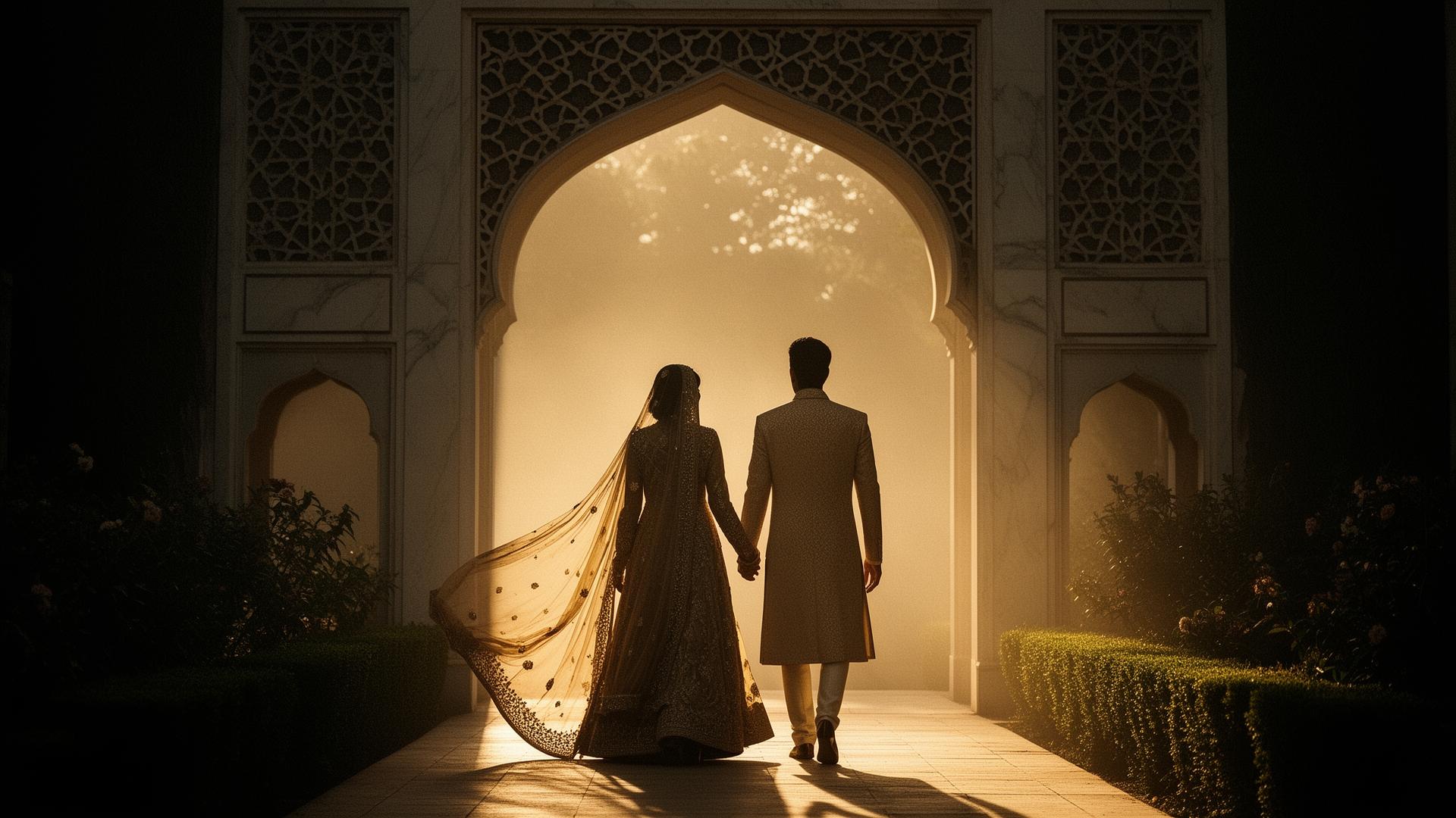 Pakistani couple silhouettes walking through marble arch at golden hour